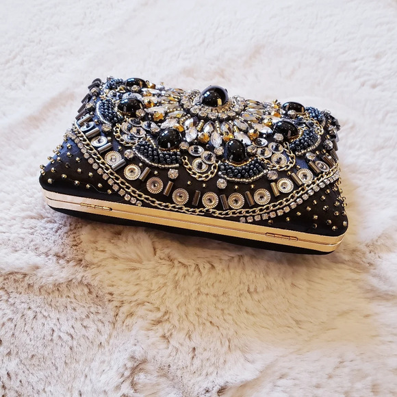 Women's Evening Bag Diamonds Party Prom Clutch Purse Floral Bride Black Handbag - Picture 10 of 13